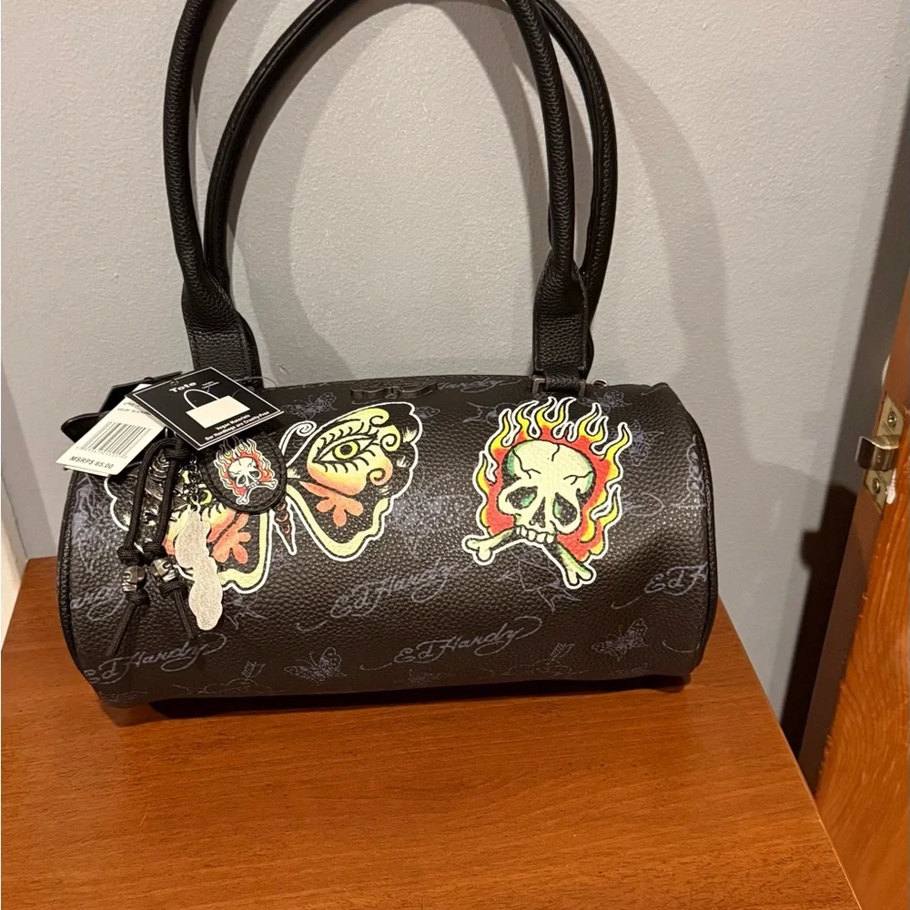 Ed Hardy Black Multicolor Graphic Barrel Shoulder Bag NWT - Picture 3 of 10